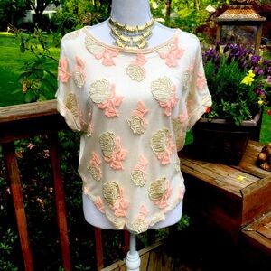 Anthropologie Cynara Stitched Rose Embroidered Cottagecore Top EUC Size XS